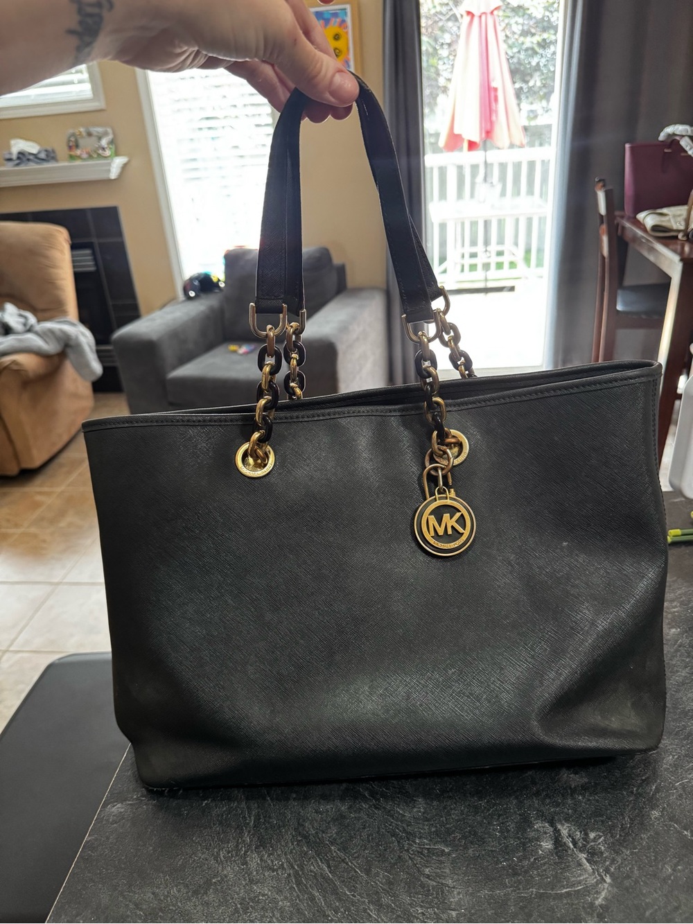 Michael Kors Black Leather Tote with Gold Chain Detail